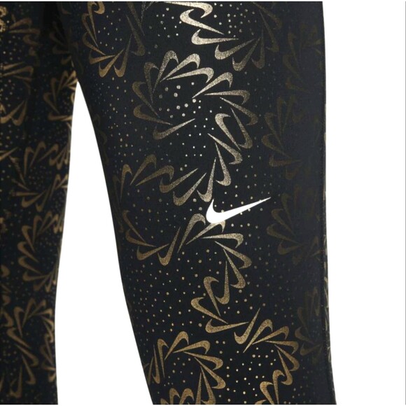 Nike Pro Dri-Fit Women’s 3X Leggings Black Metallic Gold Foil Logo AOP Mid Rise - Picture 6 of 9